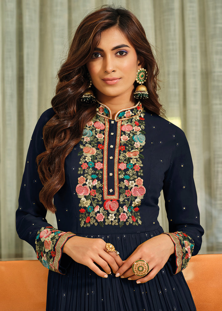 Buy Now Navy Blue Flower Embroidered Georgette Anarkali Dress Online in USA, UK, Australia, New Zealand, Canada & Worldwide at Empress Clothing.