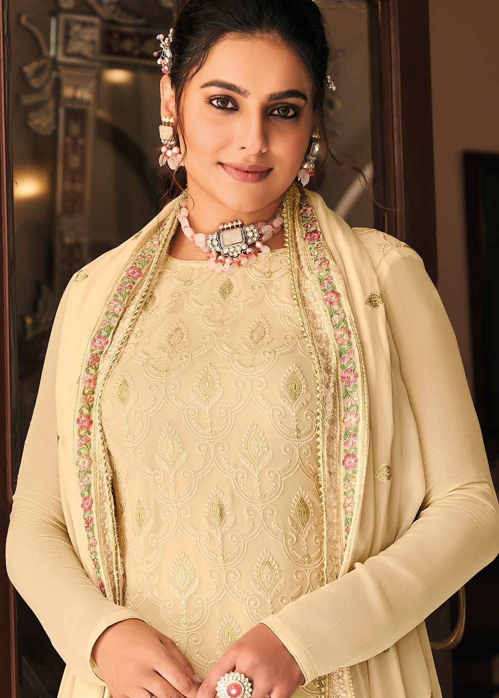 Buy Now Pakistani Style Graceful Cream Function Wear Salwar Suit Online in Canada at Empress Clothing.