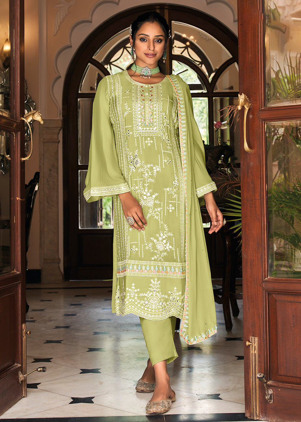 Buy Now Pakistani Style Delicate Green Function Wear Salwar Suit Online in Canada at Empress Clothing.