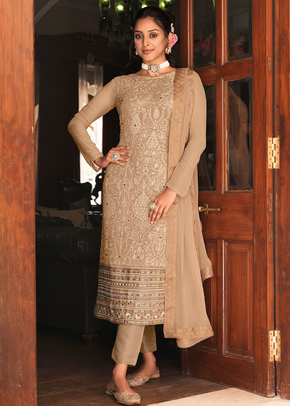Buy Now Pakistani Style Chikoo Beige Function Wear Salwar Suit Online in Canada at Empress Clothing.