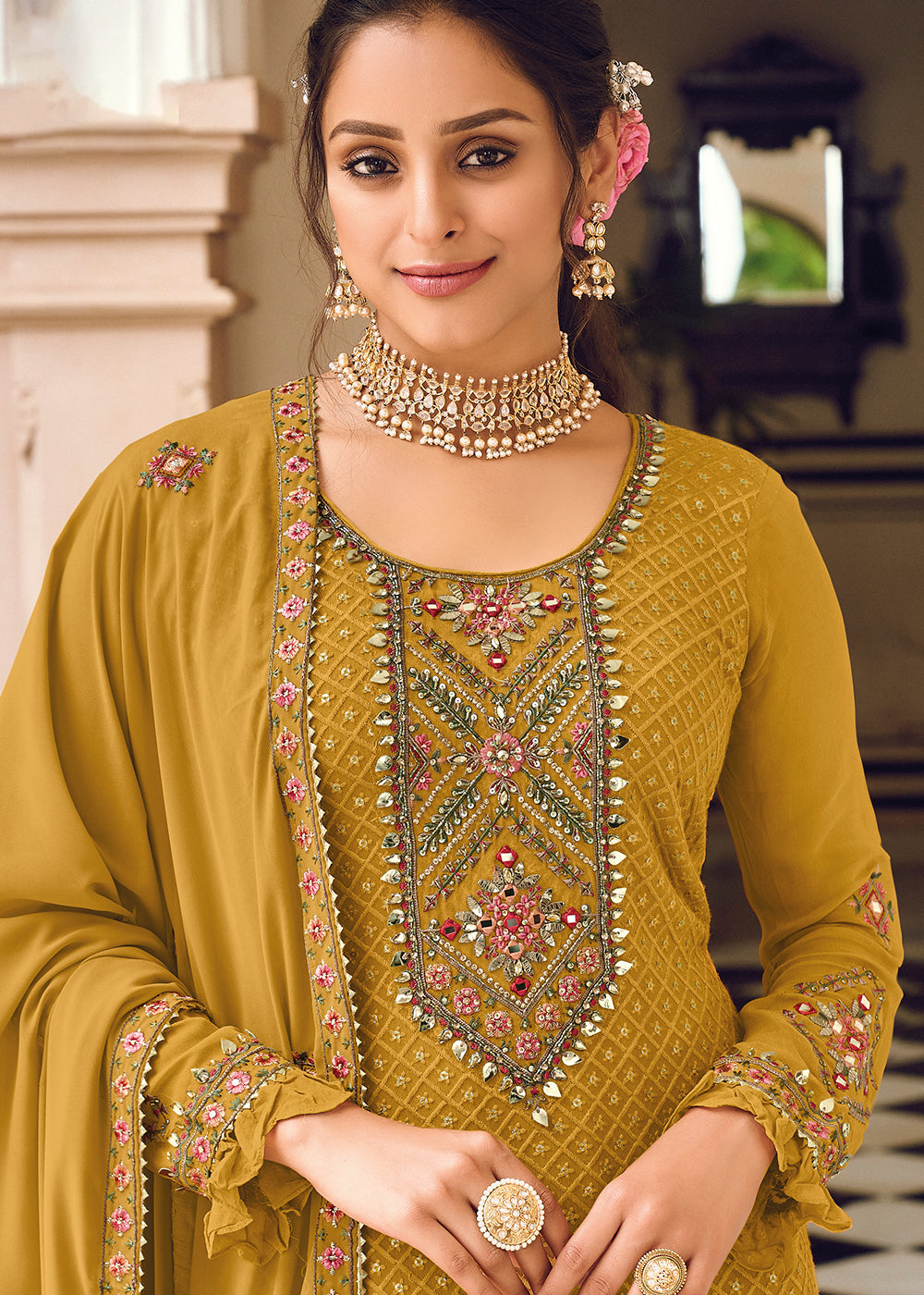 Buy Now Mustard Yellow Embroidered Georgette Ceremonial Salwar Suit Online in USA, UK, Canada & Worldwide at Empress Clothing.