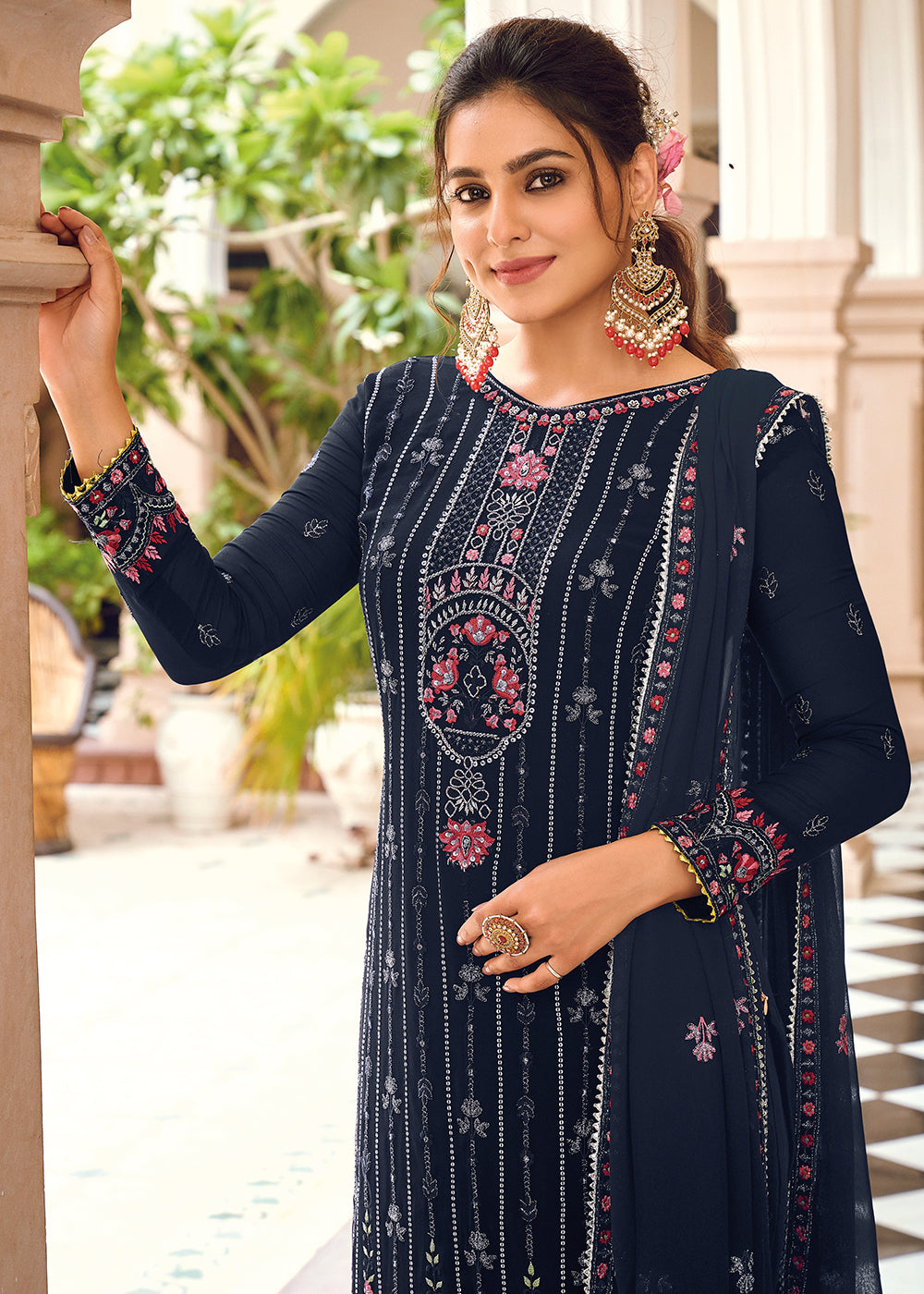 Buy Now Navy Blue Embroidered Georgette Ceremonial Salwar Suit Online in USA, UK, Canada & Worldwide at Empress Clothing.