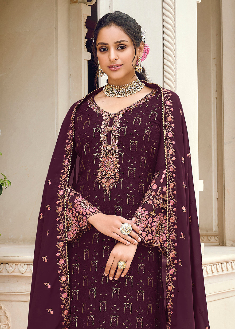 Buy Now Pretty Wine Embroidered Georgette Ceremonial Salwar Suit Online in USA, UK, Canada & Worldwide at Empress Clothing.