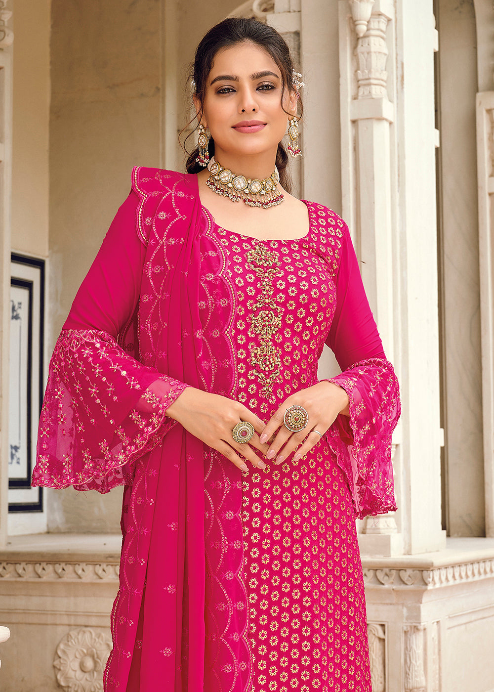 Buy Now Hot Pink Embroidered Georgette Ceremonial Salwar Suit Online in USA, UK, Canada & Worldwide at Empress Clothing.