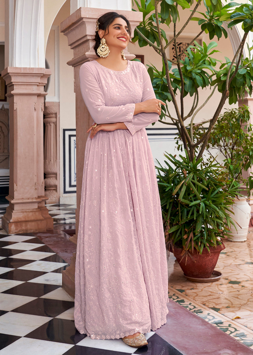 Buy Now Blush Pink Pretty Embellished Work Anarkali Dress Online in USA, UK, Australia, New Zealand, Canada & Worldwide at Empress Clothing. 