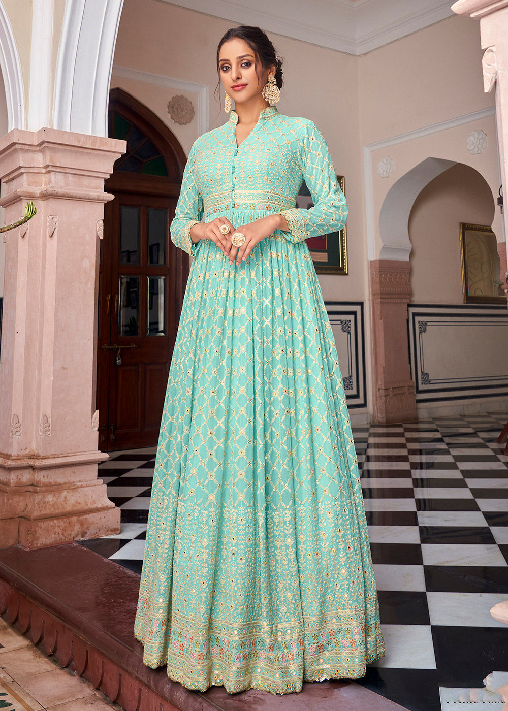Buy Now Aqua Green Pretty Embellished Work Anarkali Dress Online in USA, UK, Australia, New Zealand, Canada & Worldwide at Empress Clothing.