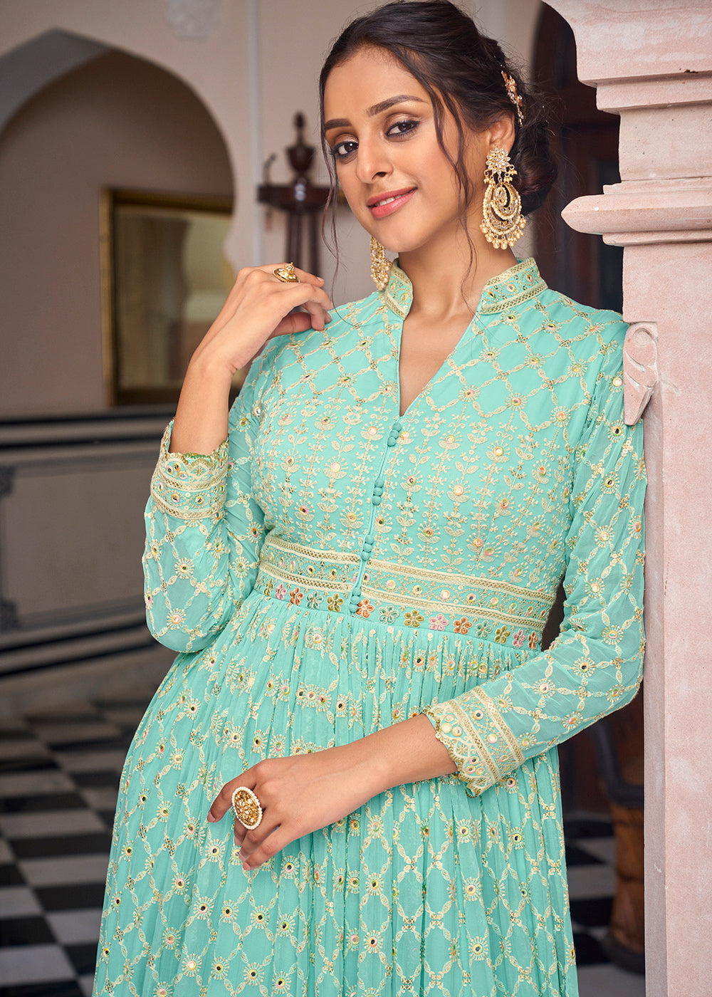 Buy Now Aqua Green Pretty Embellished Work Anarkali Dress Online in USA, UK, Australia, New Zealand, Canada & Worldwide at Empress Clothing.
