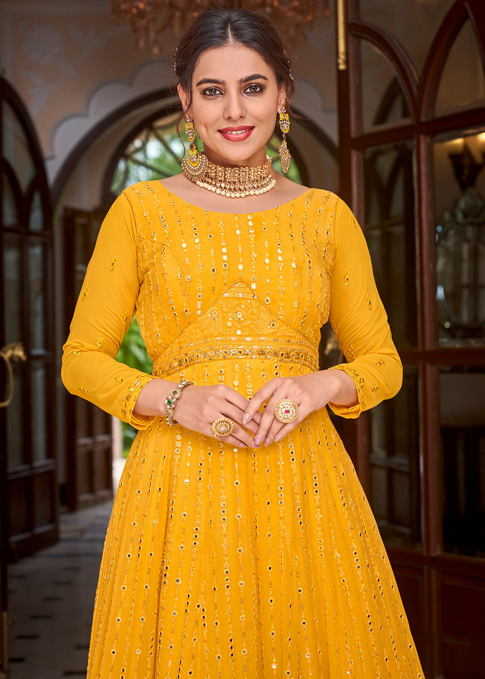 Buy Yellow Silk Printed And Embroidered Floral Deep V Anarkali With Dupatta  For Women by SutrabySweta Online at Aza Fashions.