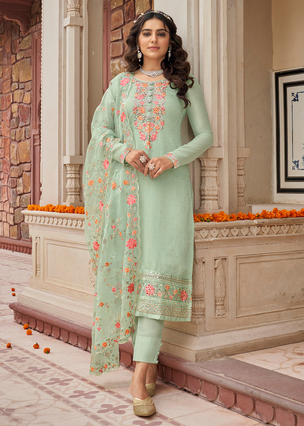 Buy Designer Salwar Suit Viscose Silk Embroidered Pastel Green