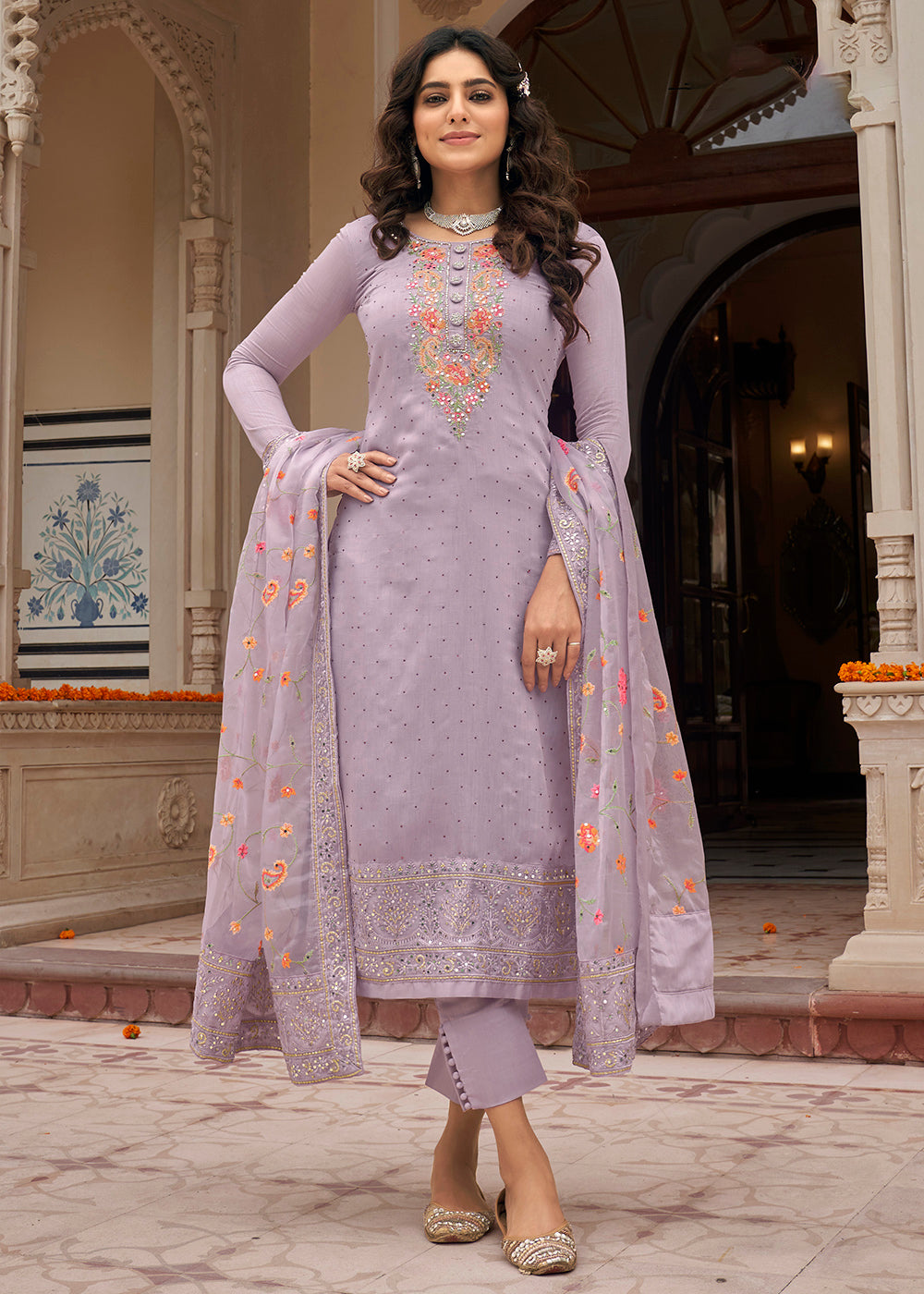 Buy Now Viscose Silk Embroidered Fabulous Lilac Pant Salwar Suit Online in USA, UK, Canada & Worldwide at Empress Clothing.