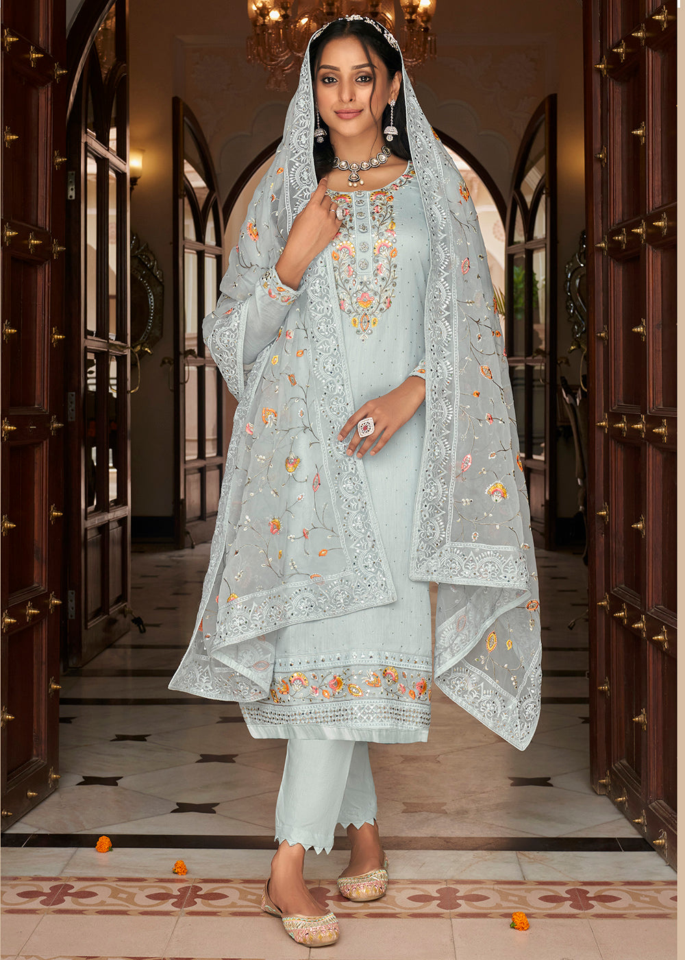 Buy Now Viscose Silk Embroidered Spectacular Soft Blue Pant Salwar Suit Online in USA, UK, Canada & Worldwide at Empress Clothing.