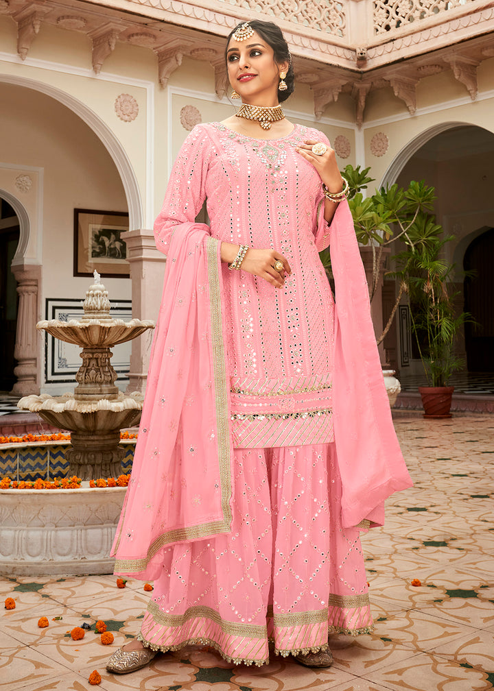 Shop Now Green Rose Pink Mirror Embellished Wedding Wear Sharara Style Suit Online at Empress Clothing in USA, UK, Canada, Germany & Worldwide.