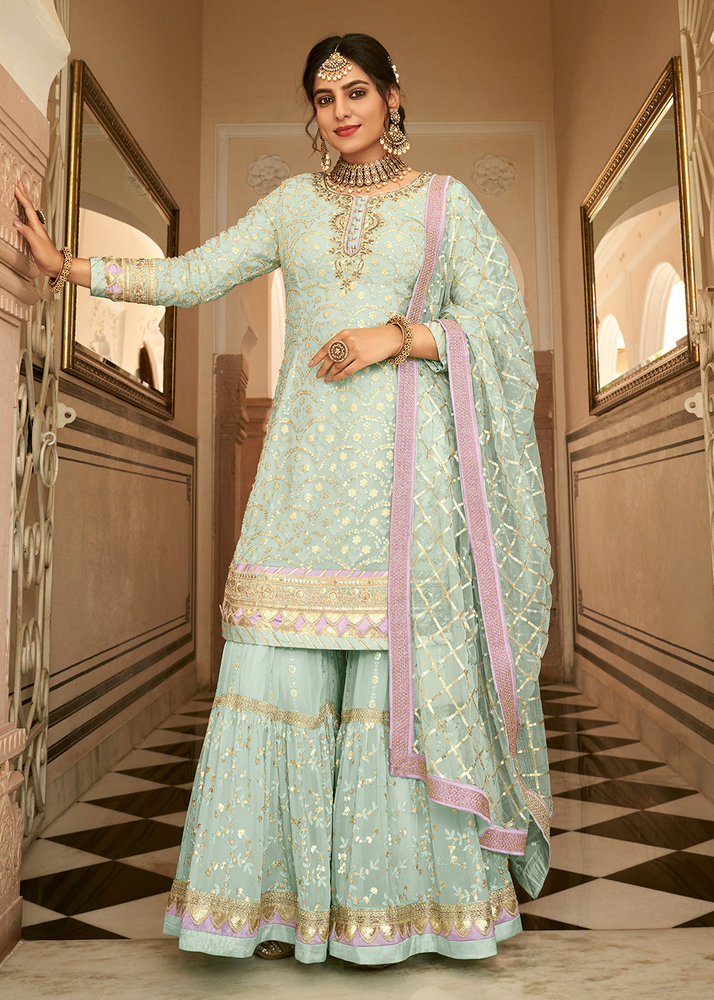 Shop Now Ice Blue Sequins Embellished Wedding Wear Sharara Style Suit Online at Empress Clothing in USA, UK, Canada, Germany & Worldwide.