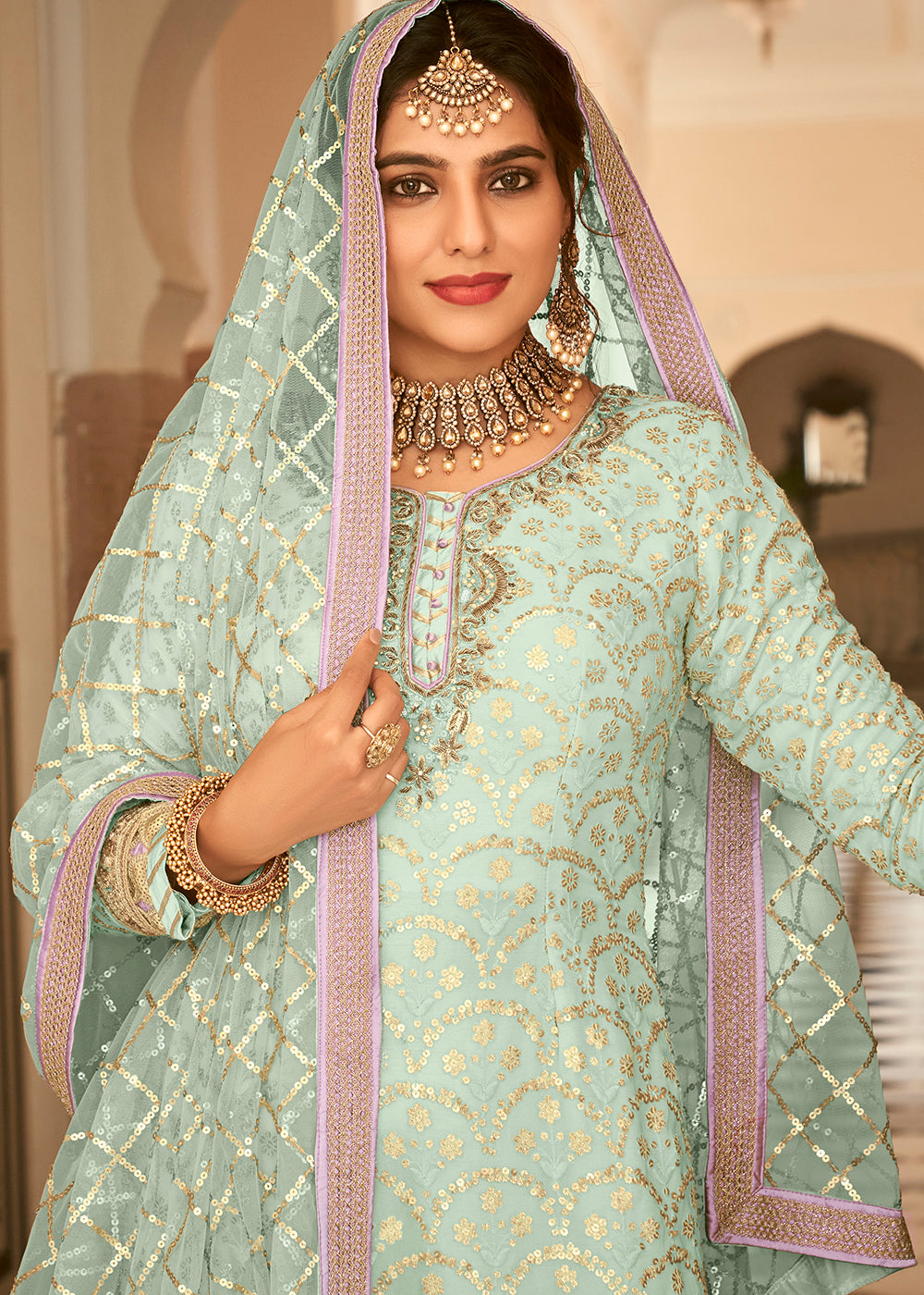 Shop Now Ice Blue Sequins Embellished Wedding Wear Sharara Style Suit Online at Empress Clothing in USA, UK, Canada, Germany & Worldwide.