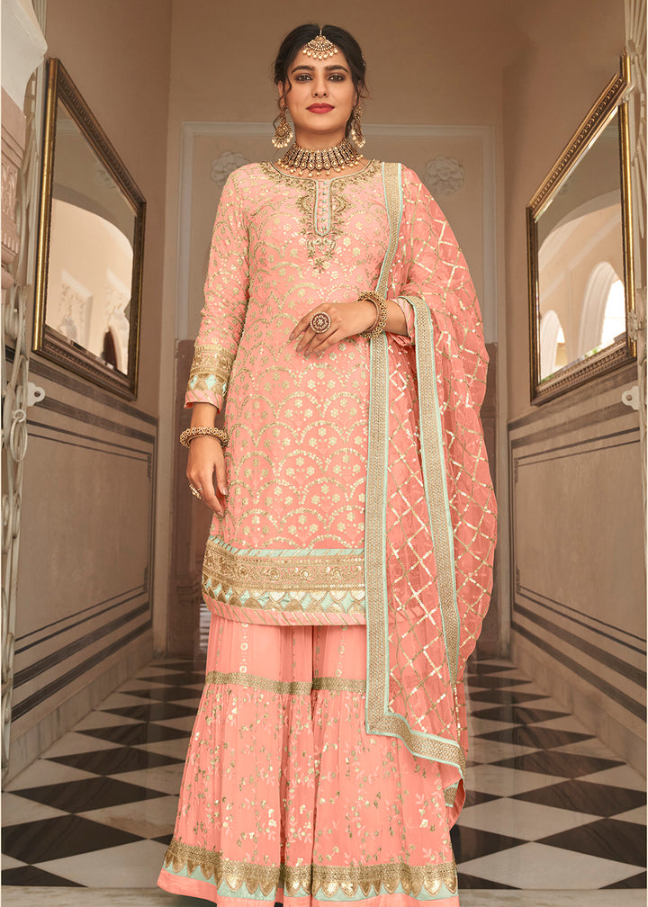 Shop Now Blush Peach Sequins Embellished Wedding Wear Gharara Style Suit Online at Empress Clothing in USA, UK, Canada, Germany & Worldwide. 