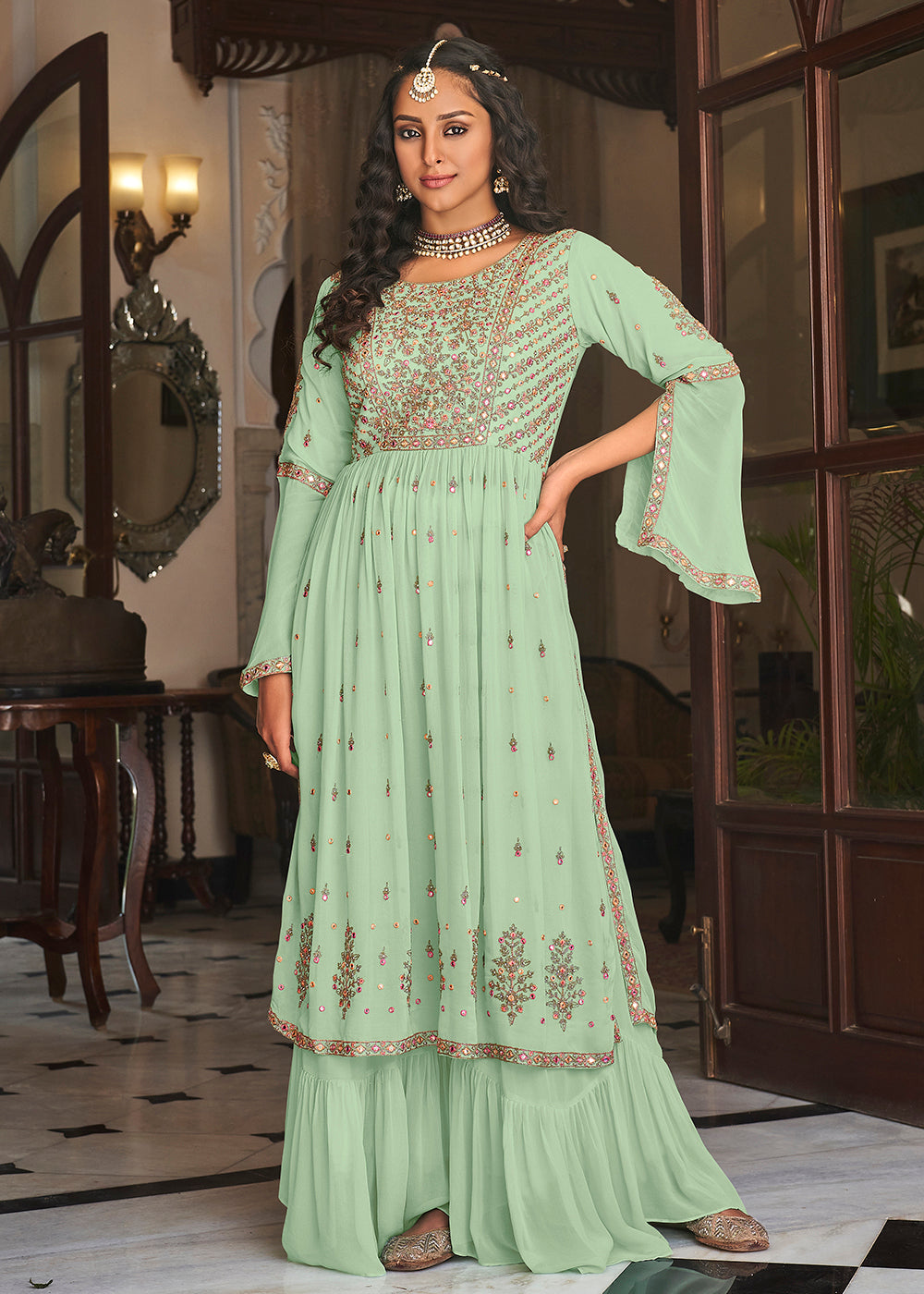 Buy Now Sea Green Festive Mirror Embroidered Palazzo Salwar Suit Online in USA, UK, Canada & Worldwide at Empress Clothing. 