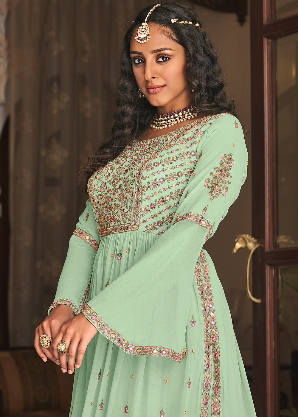 Buy Now Sea Green Festive Mirror Embroidered Palazzo Salwar Suit Online in USA, UK, Canada & Worldwide at Empress Clothing. 