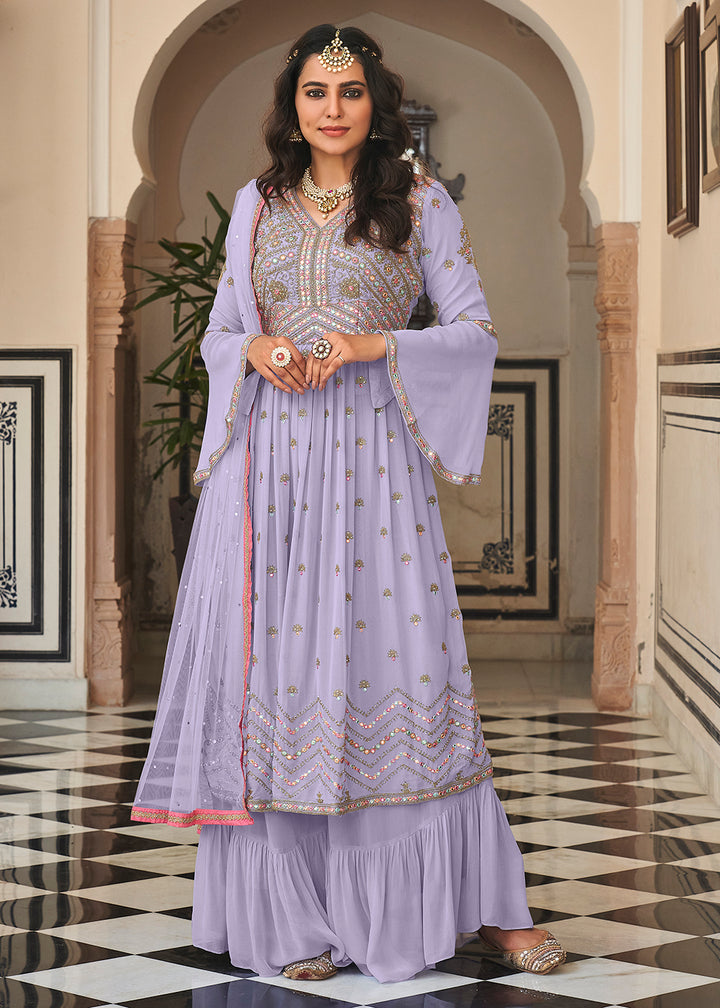 Buy Now Pretty Lilac Festive Mirror Embroidered Palazzo Salwar Suit Online in USA, UK, Canada & Worldwide at Empress Clothing. 