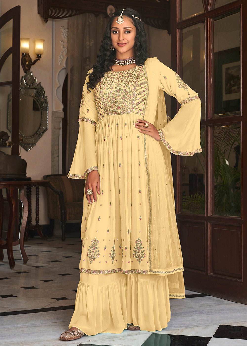 Buy Now Pastel Yellow Festive Mirror Embroidered Palazzo Salwar Suit Online in USA, UK, Canada & Worldwide at Empress Clothing.