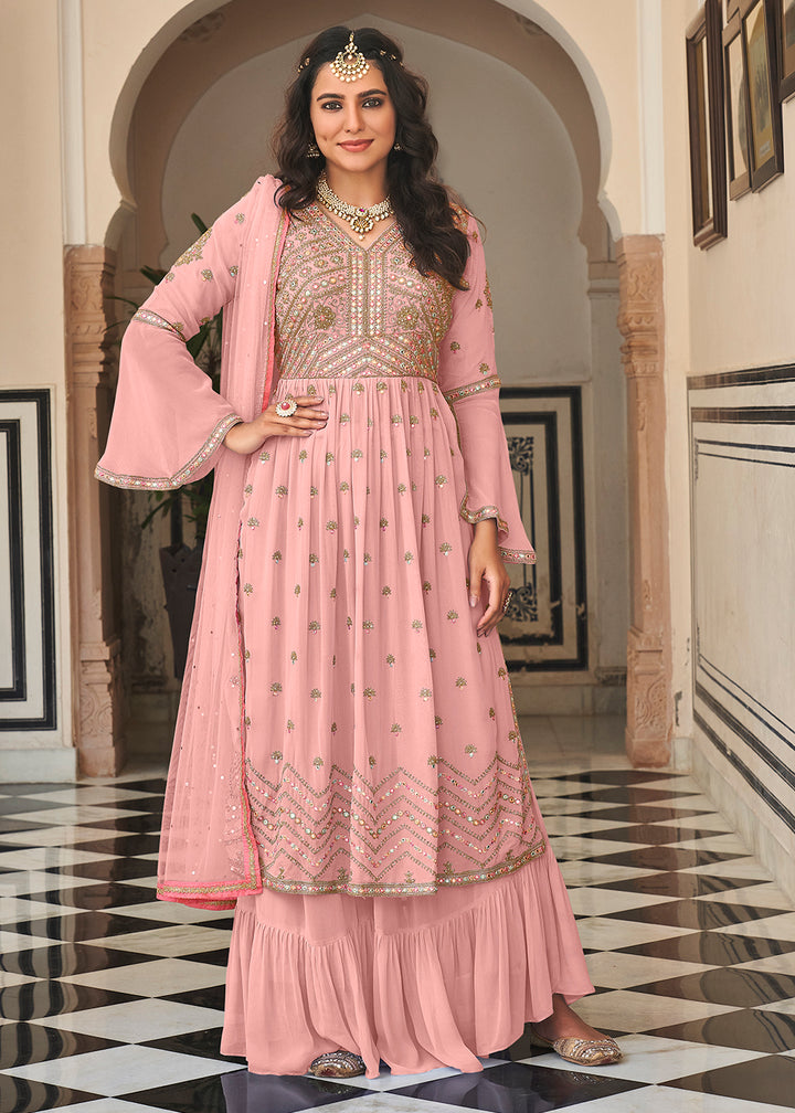Buy Now Soft Pink Festive Mirror Embroidered Palazzo Salwar Suit Online in USA, UK, Canada & Worldwide at Empress Clothing.
