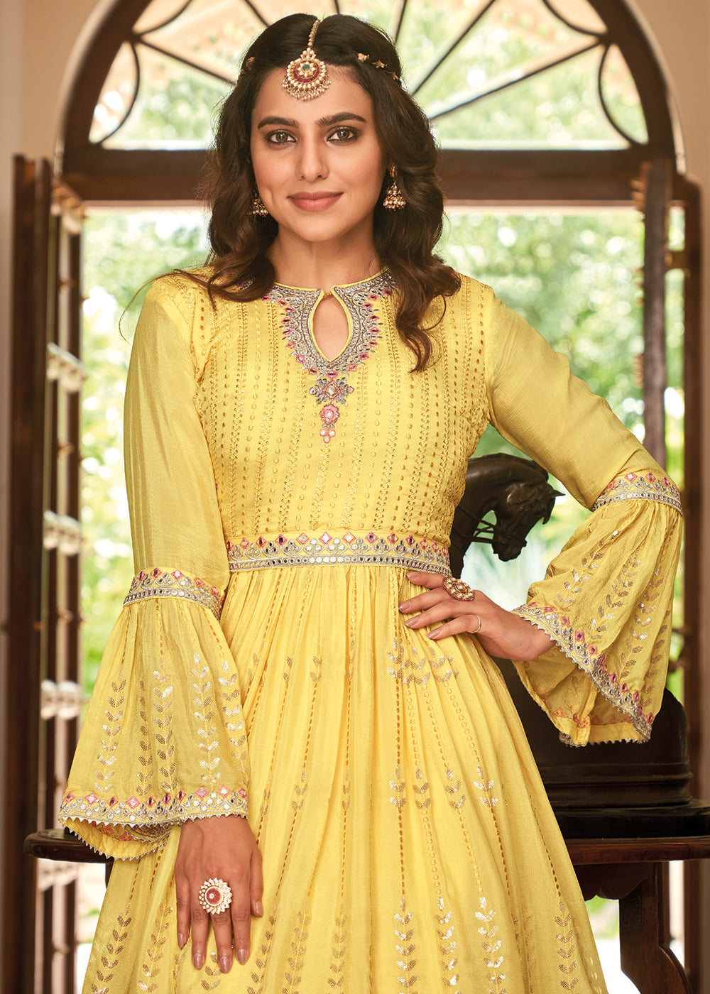 Buy Now Sharara Top Style Yellow Heavy Chinon Lehenga Skirt Suit Online in USA, UK, Canada & Worldwide at Empress Clothing.