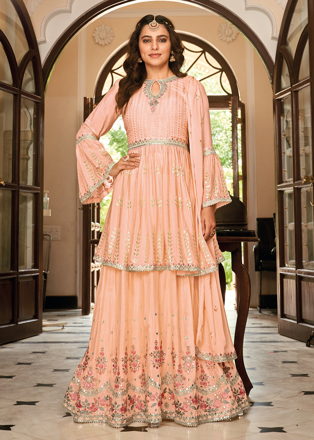 Buy Now Sharara Top Style Peach Heavy Chinon Lehenga Skirt Suit Online in USA, UK, Canada & Worldwide at Empress Clothing.