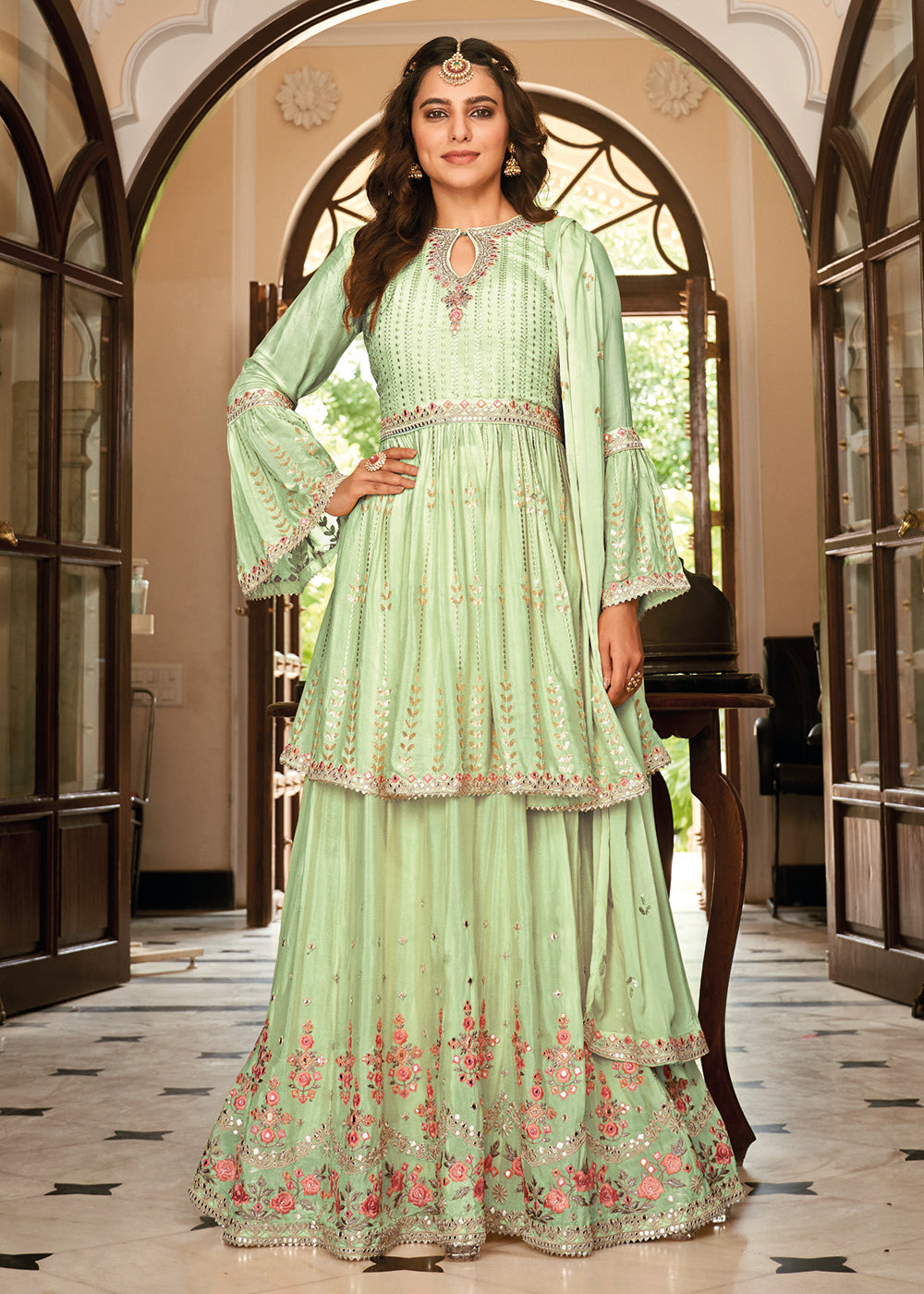 Buy Now Sharara Top Style Green Heavy Chinon Lehenga Skirt Suit Online in USA, UK, Canada & Worldwide at Empress Clothing.