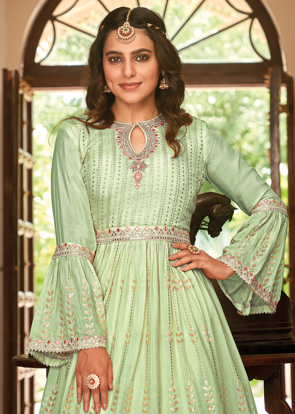 Buy Now Sharara Top Style Green Heavy Chinon Lehenga Skirt Suit Online in USA, UK, Canada & Worldwide at Empress Clothing.