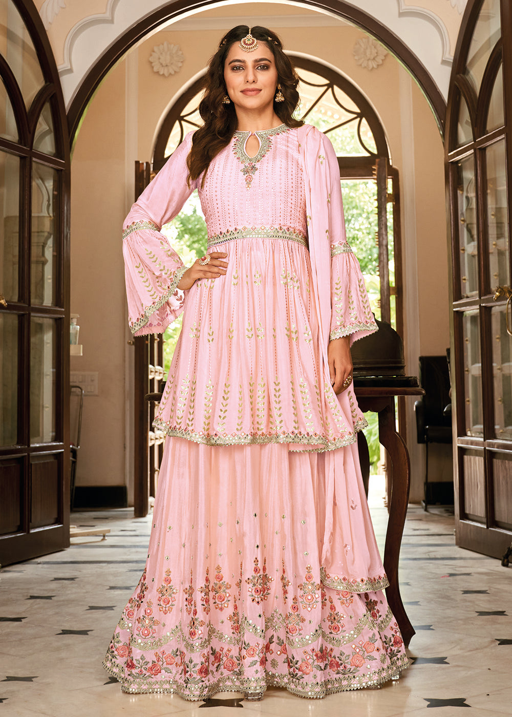 Buy Now Sharara Top Style Pink Heavy Chinon Lehenga Skirt Suit Online in USA, UK, Canada & Worldwide at Empress Clothing.