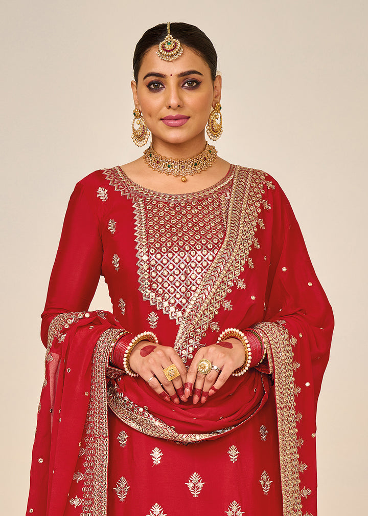 Buy Now Wedding Festival Red Embroidered Palazzo Salwar Suit Online in USA, UK, Canada & Worldwide at Empress Clothing.