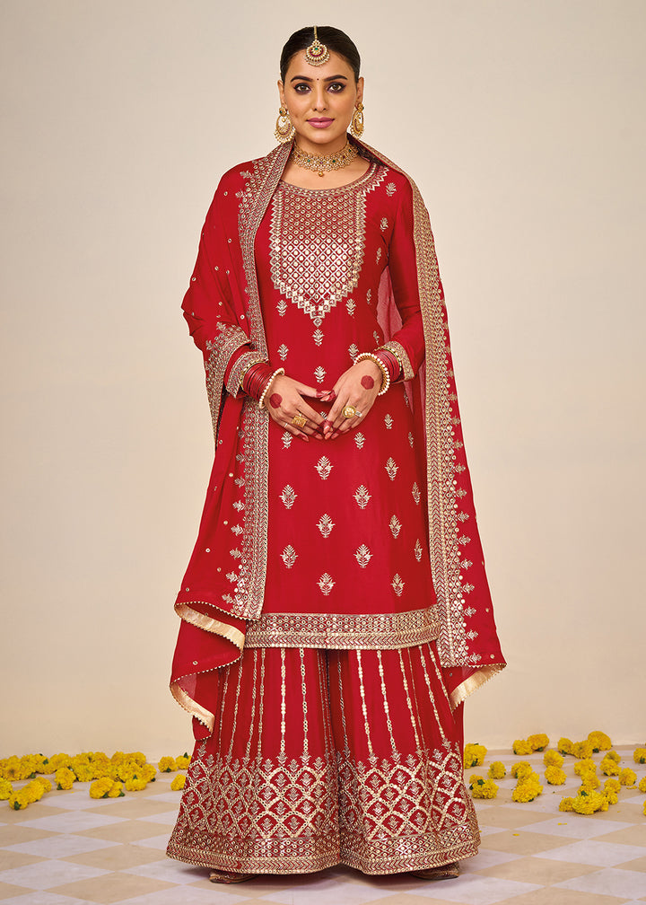 Buy Now Wedding Festival Red Embroidered Palazzo Salwar Suit Online in USA, UK, Canada & Worldwide at Empress Clothing.