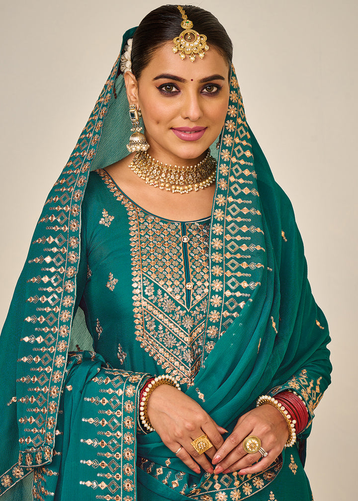 Buy Now Wedding Festival Teal Embroidered Palazzo Salwar Suit Online in USA, UK, Canada & Worldwide at Empress Clothing.