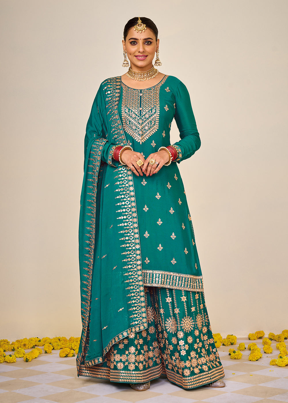 Buy Now Wedding Festival Teal Embroidered Palazzo Salwar Suit Online in USA, UK, Canada & Worldwide at Empress Clothing.