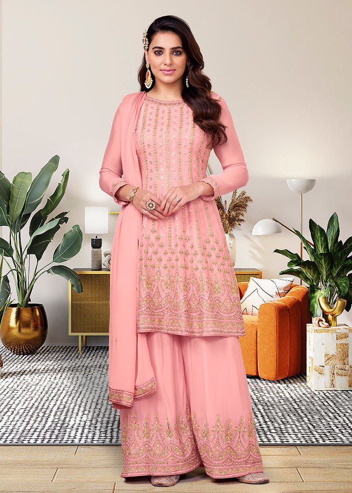Buy Now Heavy Chinon Gorgeous Pink Festive Look Palazzo Salwar Suit Online in USA, UK, Canada, Germany, Australia & Worldwide at Empress Clothing.