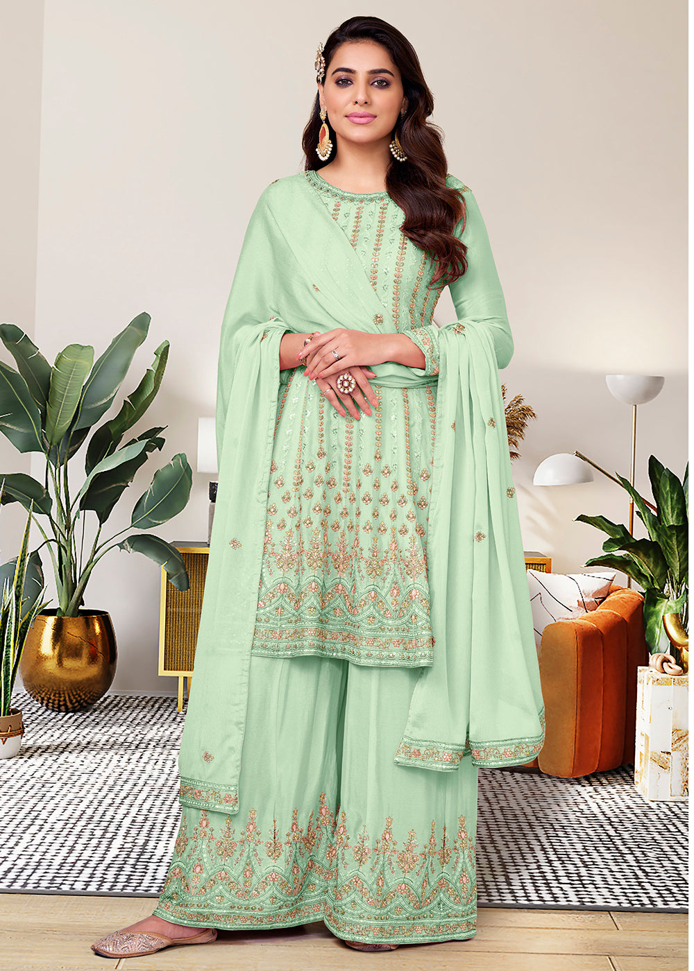 Buy Now Heavy Chinon Gorgeous Aqua Green Festive Look Palazzo Salwar Suit Online in USA, UK, Canada, Germany, Australia & Worldwide at Empress Clothing. 