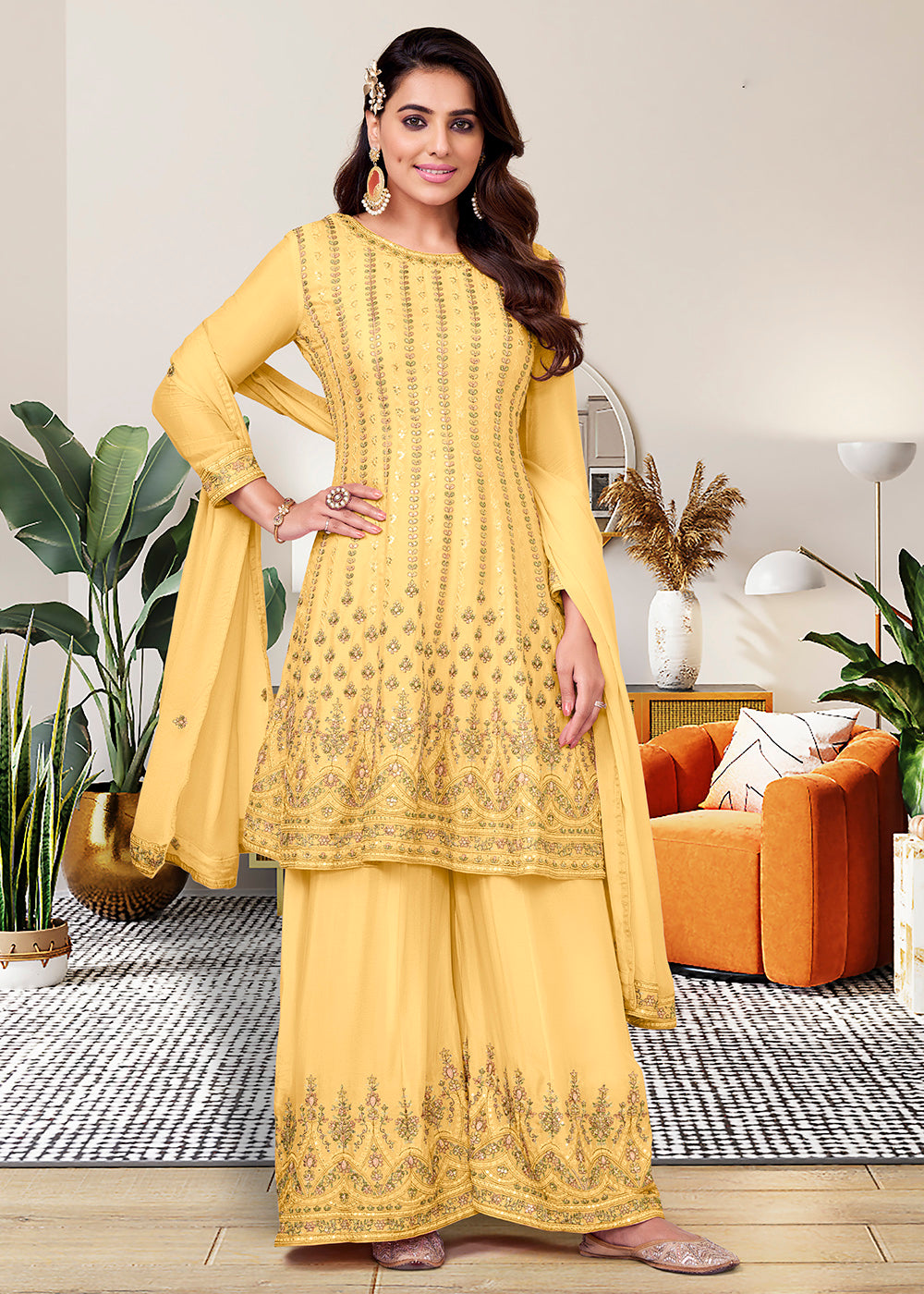 Buy Now Heavy Chinon Gorgeous Yellow Festive Look Palazzo Salwar Suit Online in USA, UK, Canada, Germany, Australia & Worldwide at Empress Clothing. 