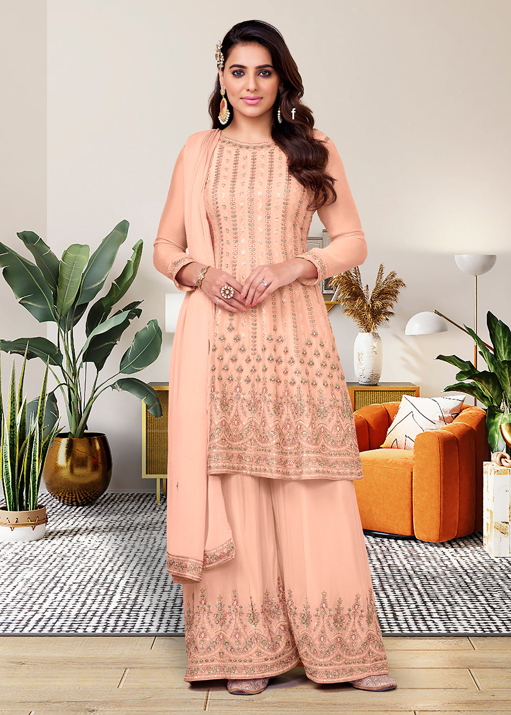 Buy Now Heavy Chinon Gorgeous Peach Festive Look Palazzo Salwar Suit Online in USA, UK, Canada, Germany, Australia & Worldwide at Empress Clothing.