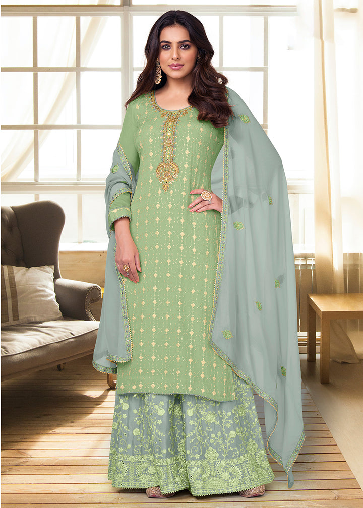 Buy Now Charming Light Green Heavy Chinon Embroidered Palazzo Kurta Set Online in USA, UK, Canada, Germany, Australia & Worldwide at Empress Clothing. 