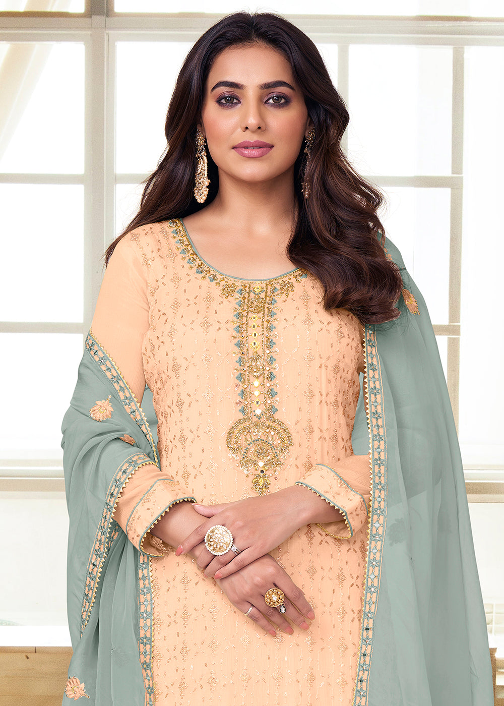 Buy Now Charming Light Peach Heavy Chinon Embroidered Palazzo Kurta Set Online in USA, UK, Canada, Germany, Australia & Worldwide at Empress Clothing. 