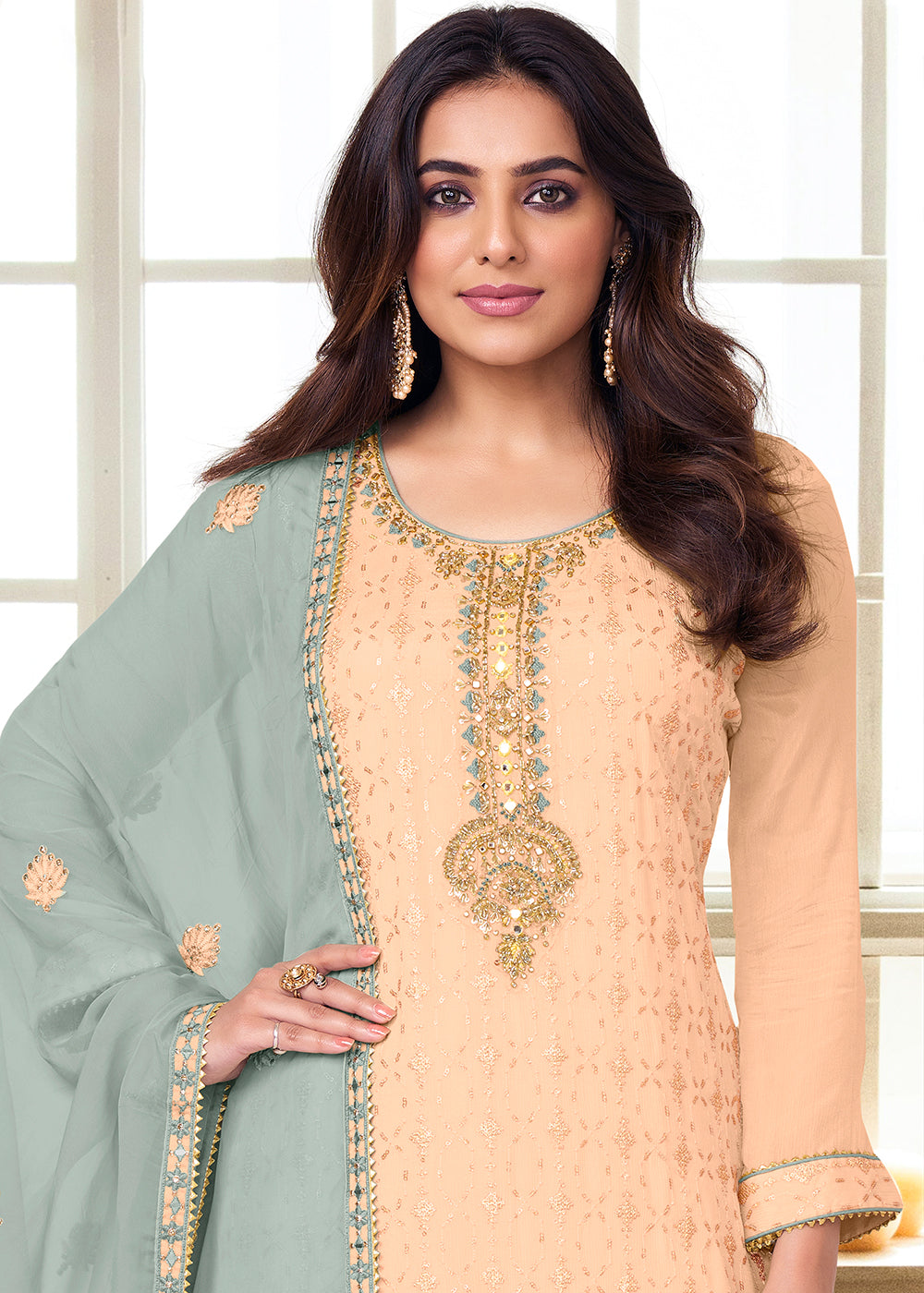 Buy Now Charming Light Peach Heavy Chinon Embroidered Palazzo Kurta Set Online in USA, UK, Canada, Germany, Australia & Worldwide at Empress Clothing. 