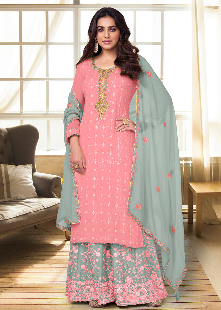 Buy Now Charming Light Pink Heavy Chinon Embroidered Palazzo Kurta Set Online in USA, UK, Canada, Germany, Australia & Worldwide at Empress Clothing.