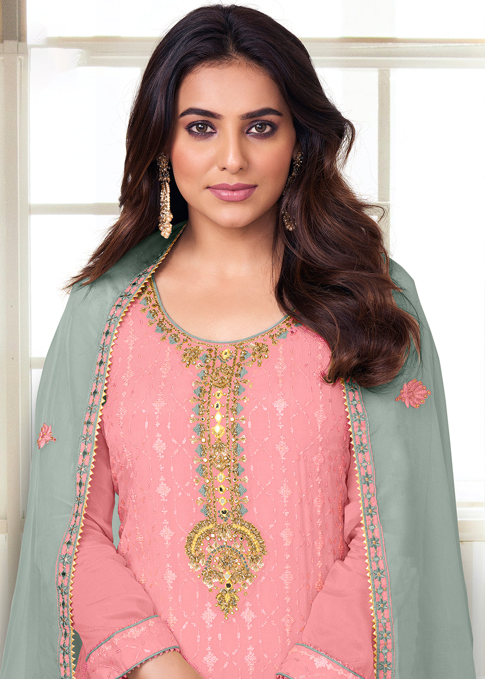 Buy Now Charming Light Pink Heavy Chinon Embroidered Palazzo Kurta Set Online in USA, UK, Canada, Germany, Australia & Worldwide at Empress Clothing.
