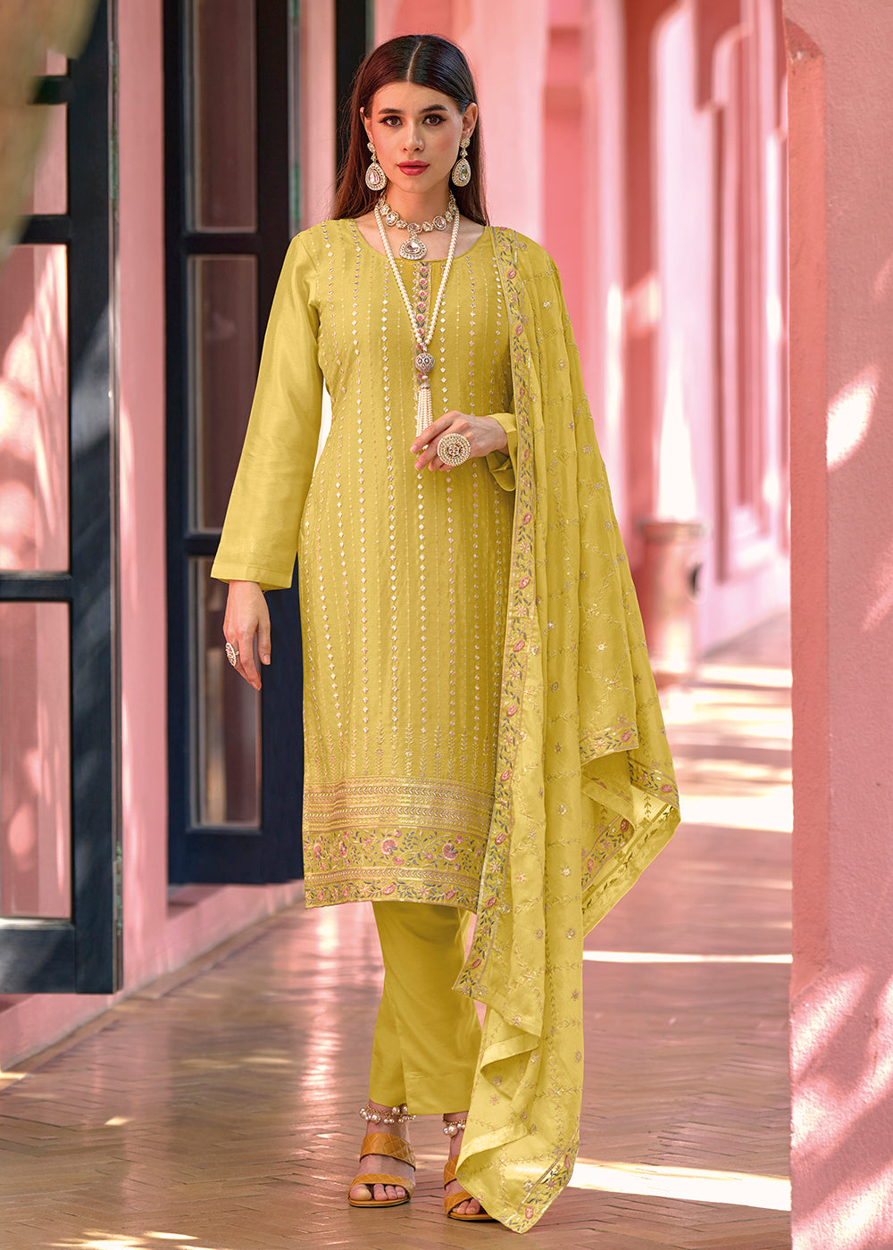 Buy Now Pakistani Style Brilliant Yellow Embroidered Eid Wear Kurta Set Online in USA, UK, Canada & Worldwide at Empress Clothing.
