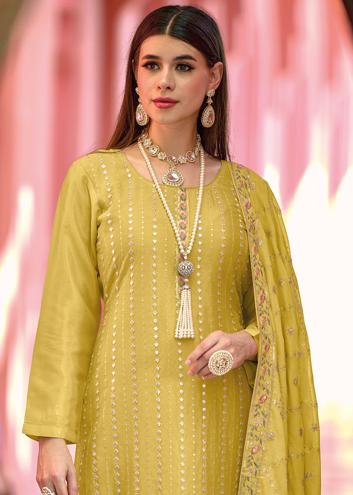 Buy Now Pakistani Style Brilliant Yellow Embroidered Eid Wear Kurta Set Online in USA, UK, Canada & Worldwide at Empress Clothing.