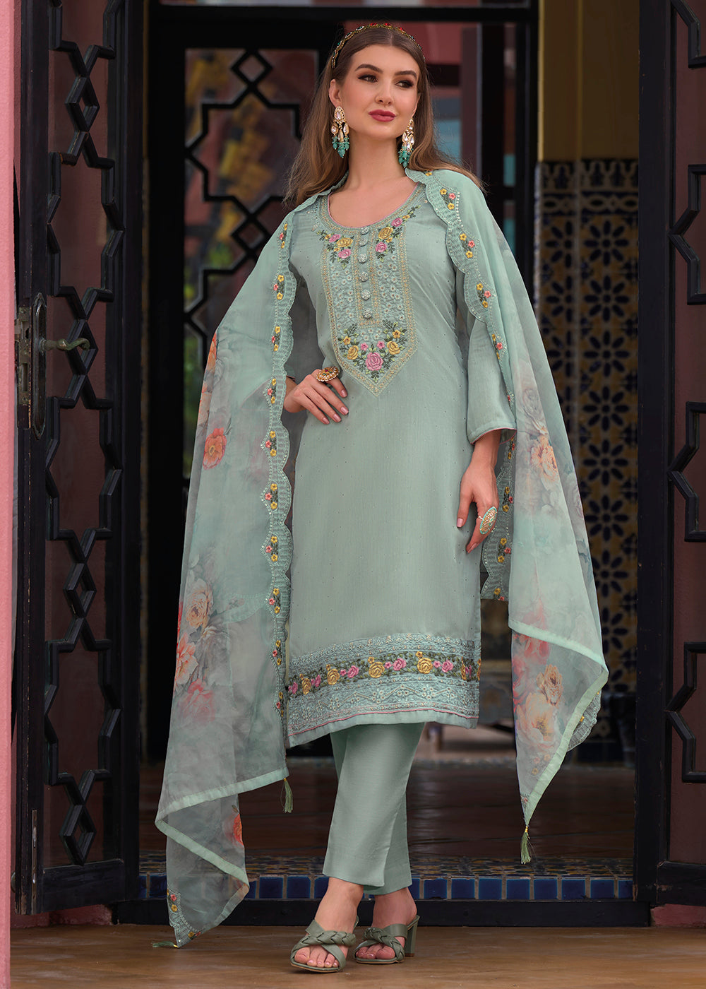 Buy Now Viscose Silk Pretty Aqua Blue Wedding Festive Salwar Kameez Online in USA, UK, Canada & Worldwide at Empress Clothing.