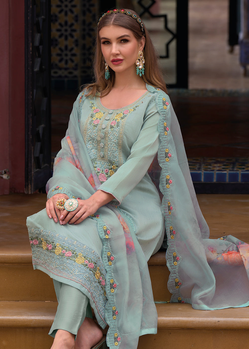 Buy Now Viscose Silk Pretty Aqua Blue Wedding Festive Salwar Kameez Online in USA, UK, Canada & Worldwide at Empress Clothing.