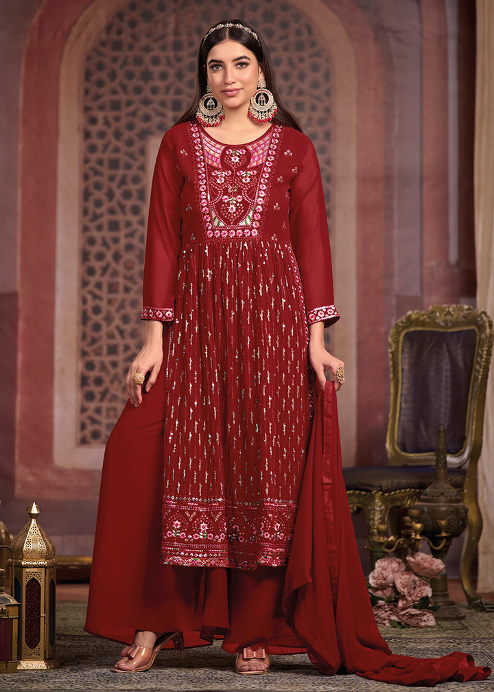 Buy Now Nyra Cut Style Gorgeous Maroon Festive Palazzo Suit Online in USA, UK, Canada, Germany, Australia & Worldwide at Empress Clothing. 
