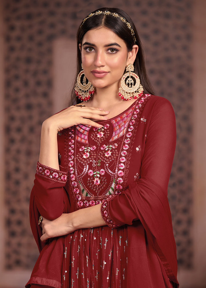 Buy Now Nyra Cut Style Gorgeous Maroon Festive Palazzo Suit Online in USA, UK, Canada, Germany, Australia & Worldwide at Empress Clothing. 
