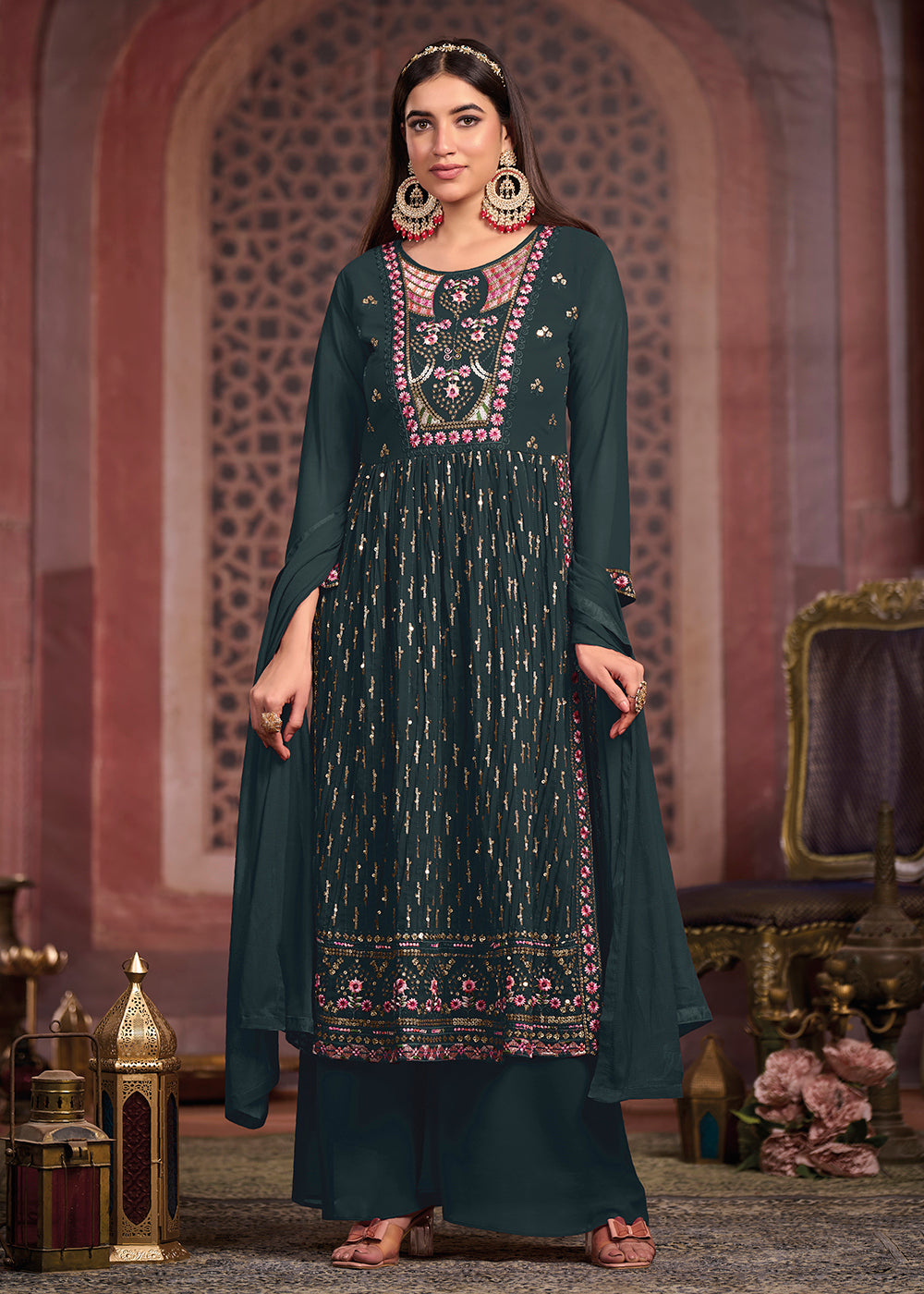 Buy Now Nyra Cut Style Graceful Greyish Blue Festive Palazzo Suit Online in USA, UK, Canada, Germany, Australia & Worldwide at Empress Clothing.