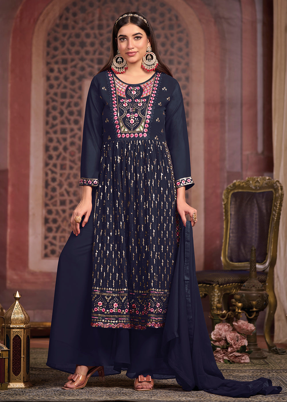 Buy Now Nyra Cut Style Beatific Navy Blue Festive Palazzo Suit Online in USA, UK, Canada, Germany, Australia & Worldwide at Empress Clothing. 